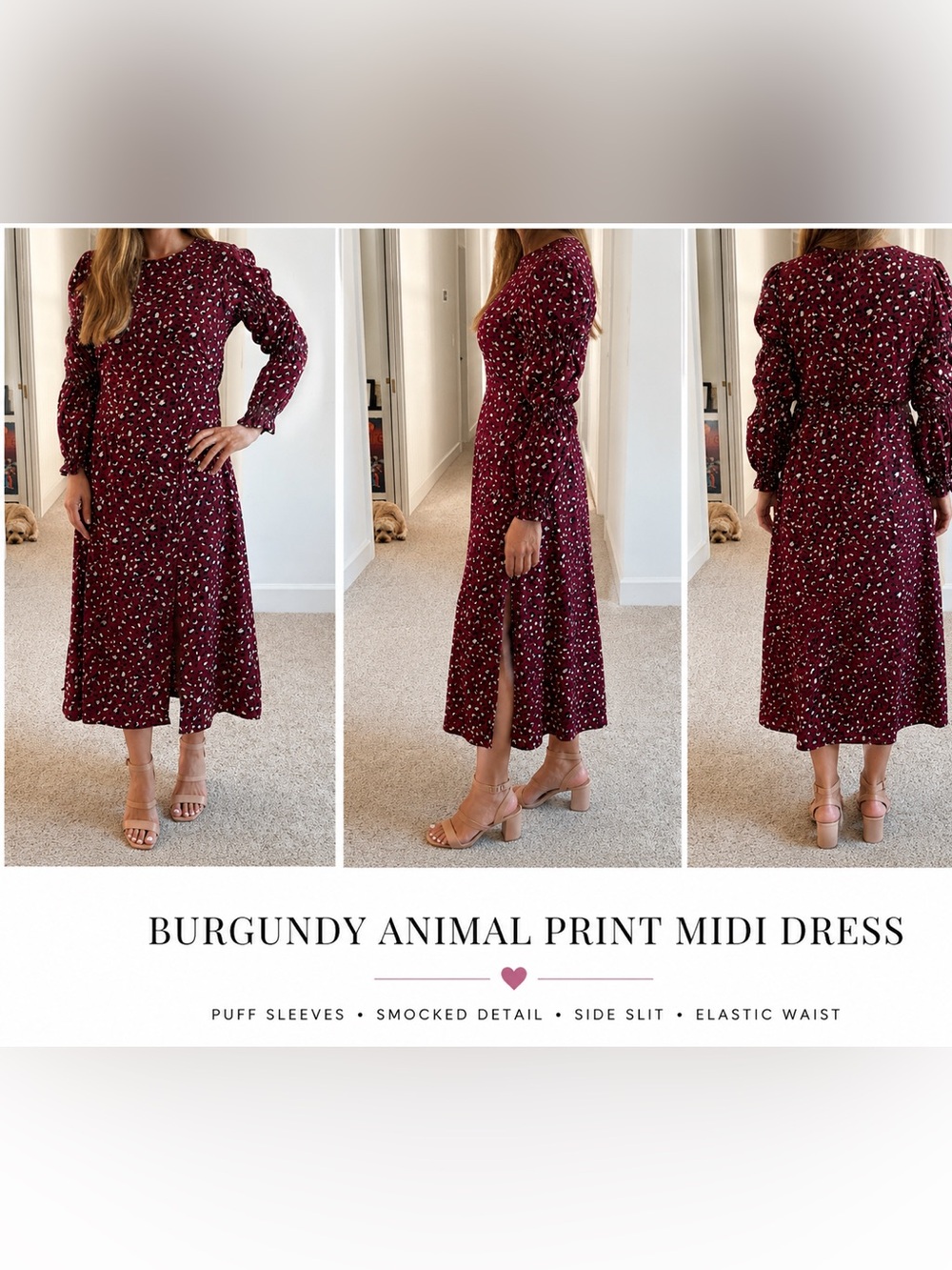 AX Paris Maroon Printed Long Sleeve Midi Dress